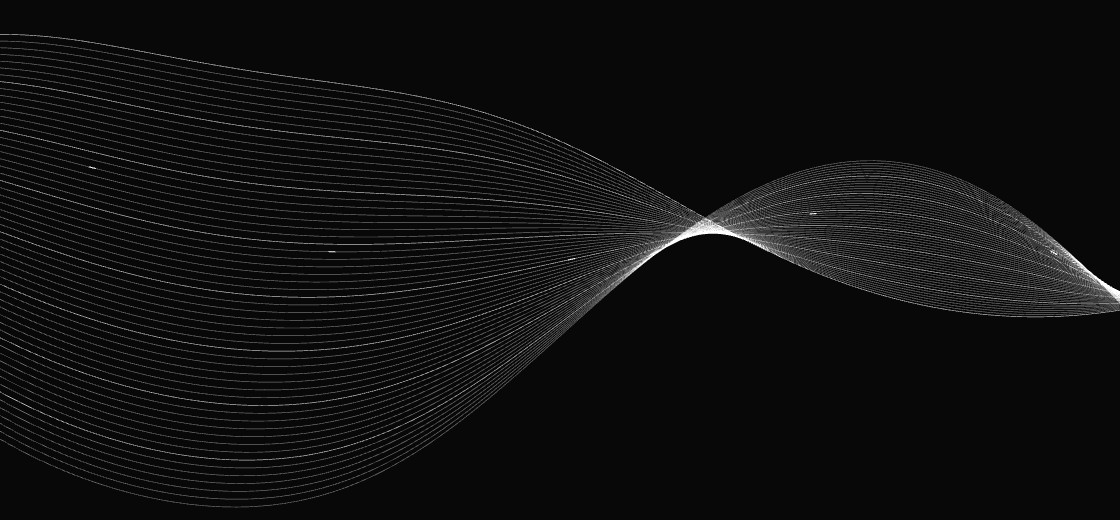 White light beams travelling along flowing silver strands on black.
